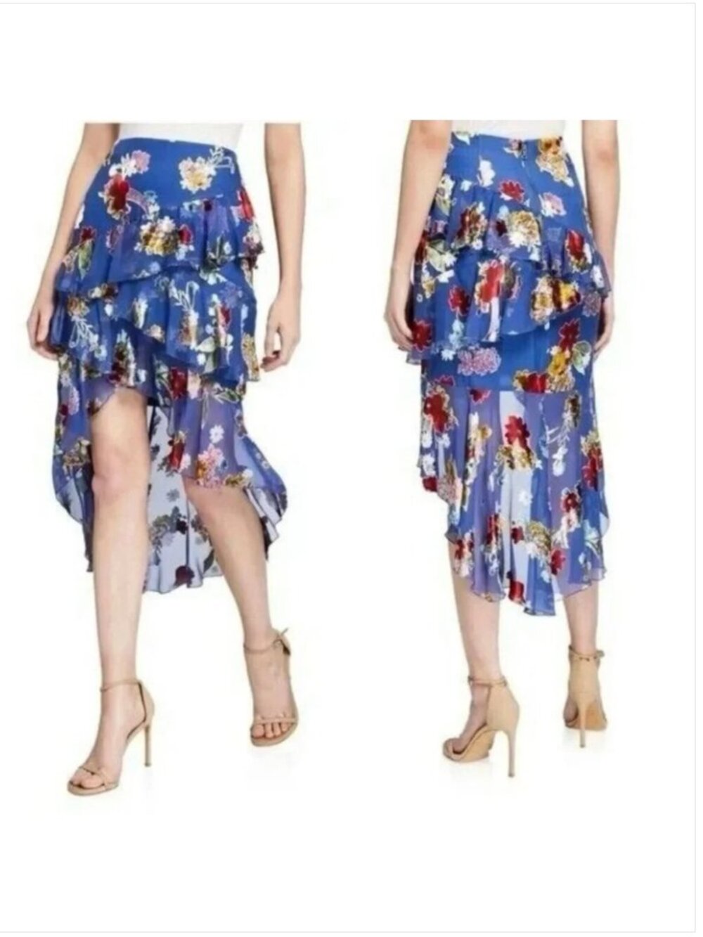 Alice + Olivia Blue Floral Skirt Velvet Burnout Tiered Ruffles Size 0 New NWT